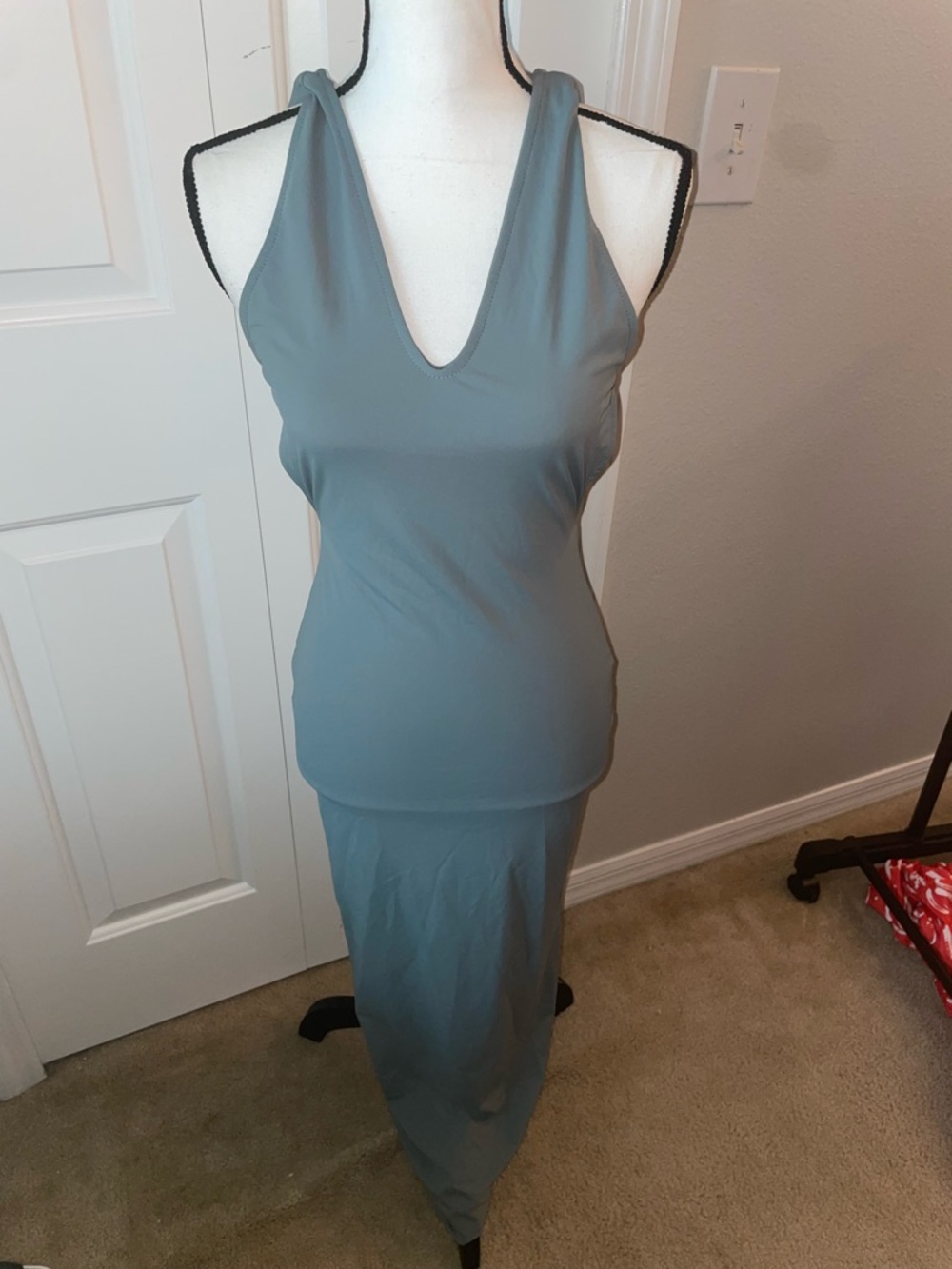 Fashion Nova Sleeveless V-Neck Maxi Dress in Slate Blue with hood